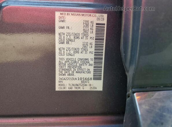 5N1AZ2CS3LN105668 2020 NISSAN MURANO Gray Вид наклейки з VIN-кодом