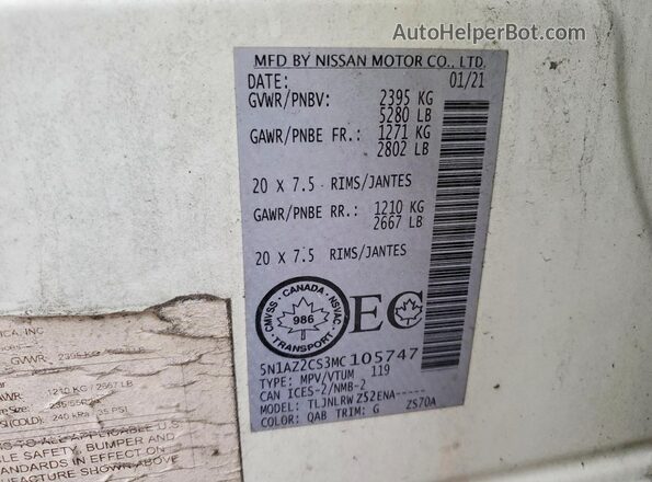 5N1AZ2CS3MC105747 2021 NISSAN MURANO Белый Панорамный вид салона 360°