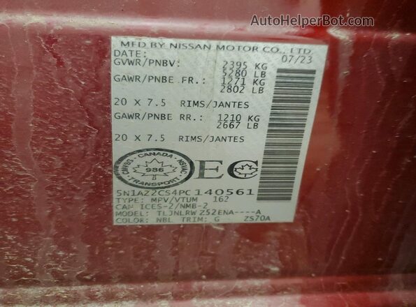 5N1AZ2CS4PC140561 2023 NISSAN MURANO Красный Вид наклейки с VIN-кодом