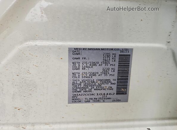 5N1AZ2CS5RC104462 2024 NISSAN MURANO White VIN კოდის სტიკერის ხედი