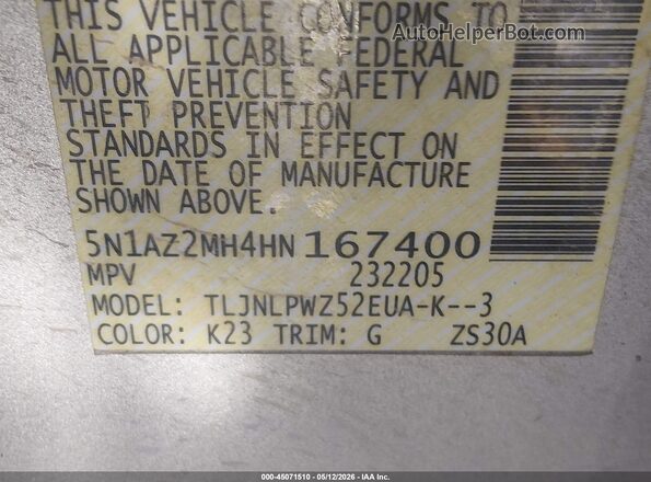 5N1AZ2MH4HN167400 2017 NISSAN MURANO Серебряный Вид подкапотного пространства