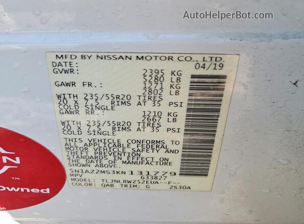 5N1AZ2MS3KN131779 2019 NISSAN MURANO Белый Вид наклейки с VIN-кодом