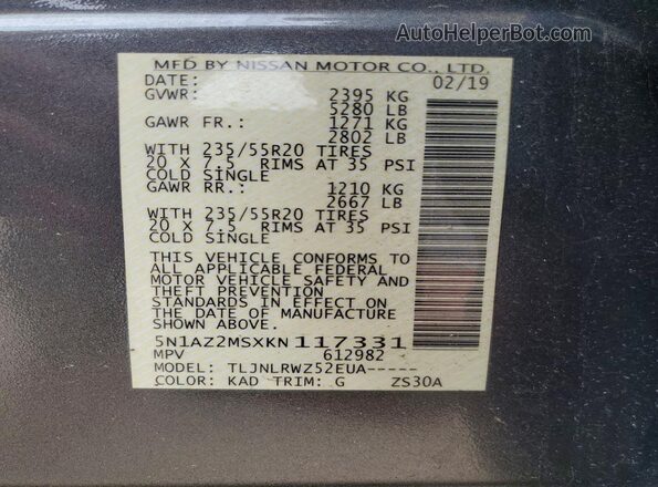 5N1AZ2MSXKN117331 2019 NISSAN MURANO Gray ძრავის განყოფილების ხედი