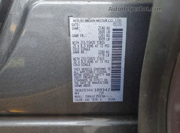 5N1AZ3CS4SC109342 2025 NISSAN MURANO Gray Вид наклейки з VIN-кодом