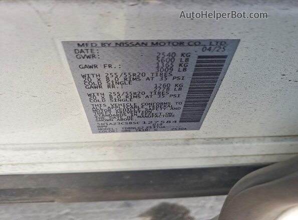 5N1AZ3CS8SC127584 2025 NISSAN MURANO White VIN կոդի պիտակի տեսք