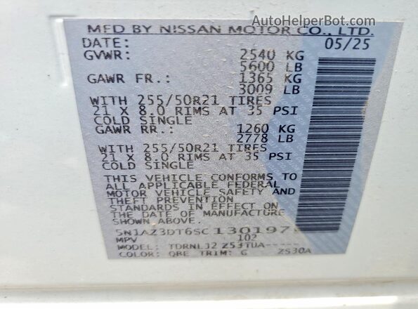 5N1AZ3DT6SC130197 2025 NISSAN MURANO White Widok naklejki z numerem VIN