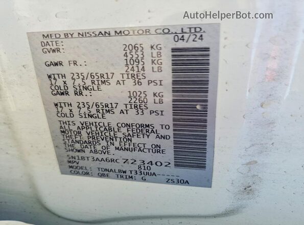 5N1BT3AA6RC723402 2024 NISSAN ROGUE White Widok naklejki z numerem VIN