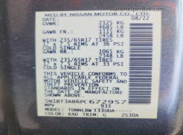 5N1BT3AB6PC672957 2023 NISSAN ROGUE Серый Вид наклейки с VIN-кодом