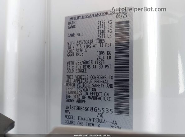 5N1BT3BB4SC865535 2025 NISSAN ROGUE White Widok komory silnika