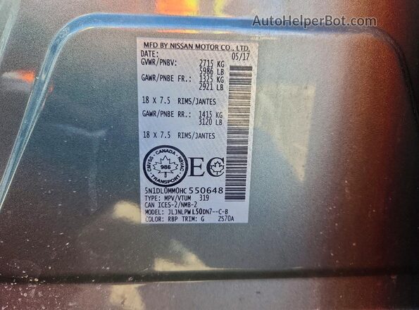 5N1DL0MM0HC550648 2017 INFINITI QX60 Синий Вид наклейки с VIN-кодом