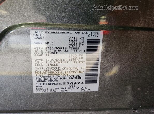 5N1DL0MM1HC556474 2017 INFINITI QX60 Gray Вид наклейки з VIN-кодом