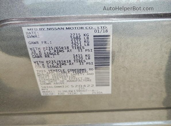 5N1DL0MM3JC520422 2018 INFINITI QX60 Gray Vista del compartimento del motor