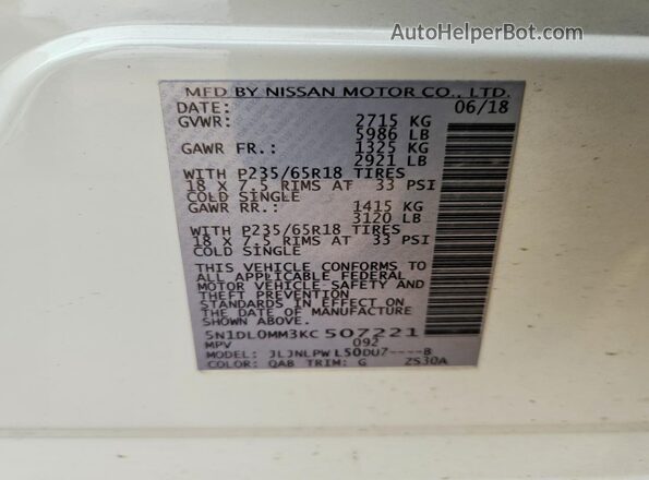 5N1DL0MM3KC507221 2019 INFINITI QX60 White VIN კოდის სტიკერის ხედი