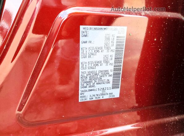 5N1DL0MM4LC528211 2020 INFINITI QX60 Burgundy VIN კოდის სტიკერის ხედი
