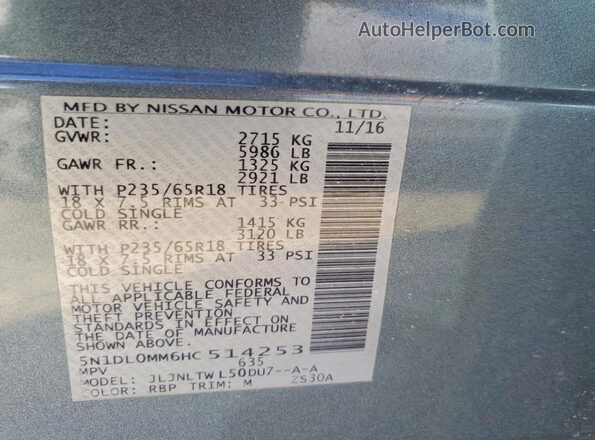 5N1DL0MM6HC514253 2017 INFINITI QX60 Blue Vista de la etiqueta del VIN