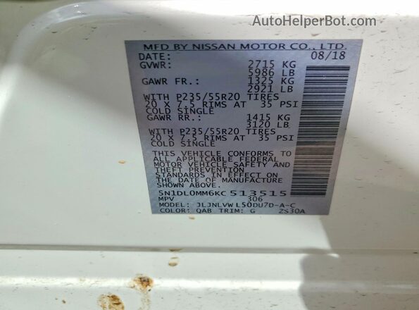 5N1DL0MM6KC513515 2019 INFINITI QX60 White Вид підкапотного простору