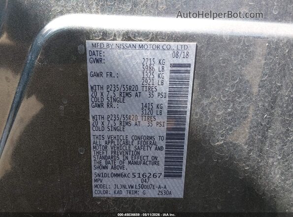 5N1DL0MM6KC516267 2019 INFINITI QX60 Gray Widok komory silnika