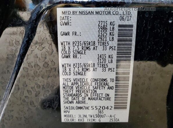 5N1DL0MM7HC552042 2017 INFINITI QX60 Black Widok naklejki z numerem VIN