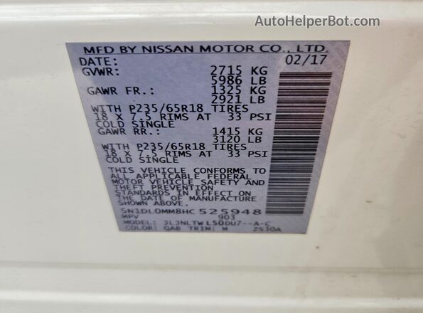 5N1DL0MM8HC525948 2017 INFINITI QX60 White Widok naklejki z numerem VIN