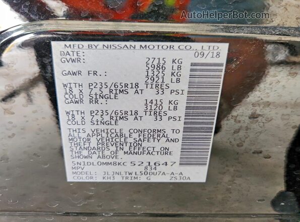 5N1DL0MM8KC521647 2019 INFINITI QX60 Черный Вид наклейки с VIN-кодом