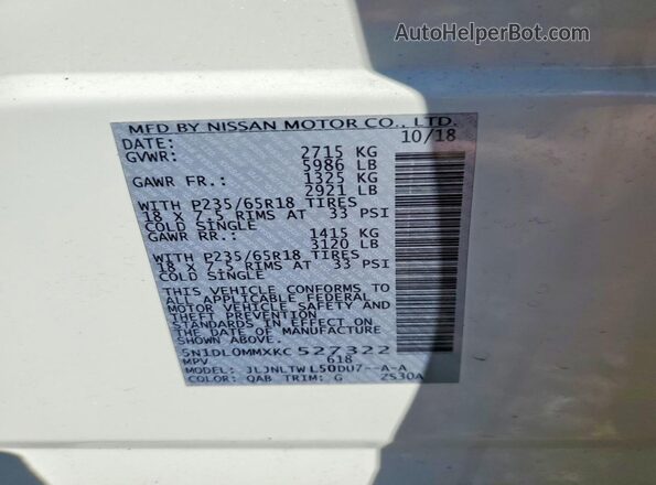 5N1DL0MMXKC527322 2019 INFINITI QX60 White Widok naklejki z numerem VIN