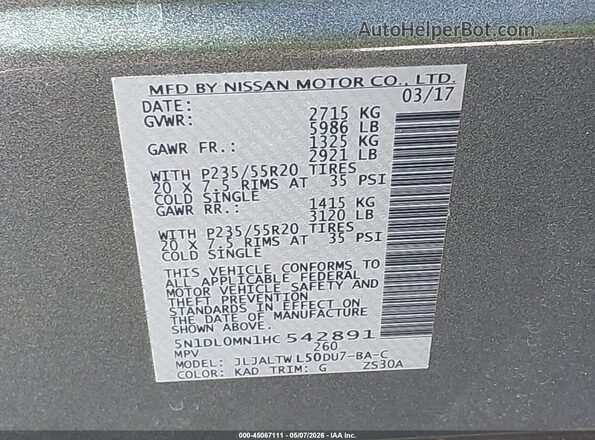 5N1DL0MN1HC542891 2017 INFINITI QX60 Gray ძრავის განყოფილების ხედი