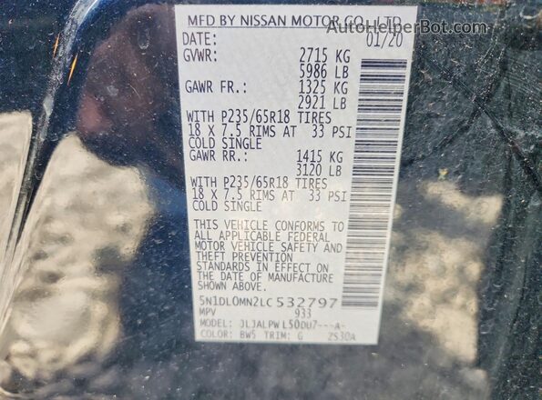 5N1DL0MN2LC532797 2020 INFINITI QX60 Black Widok naklejki z numerem VIN