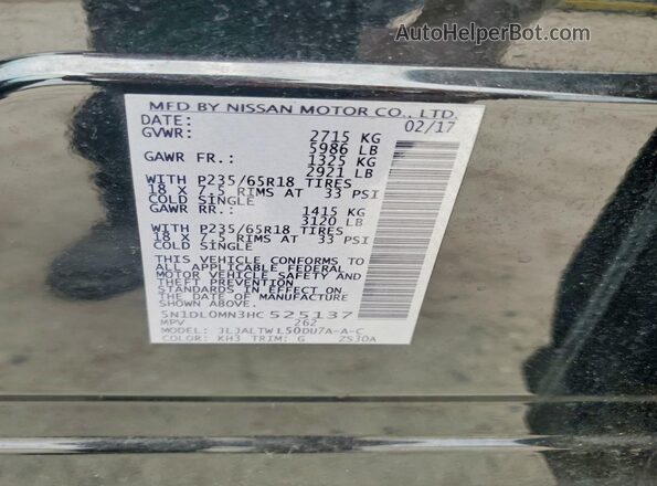 5N1DL0MN3HC525137 2017 INFINITI QX60 Black Вид наклейки з VIN-кодом