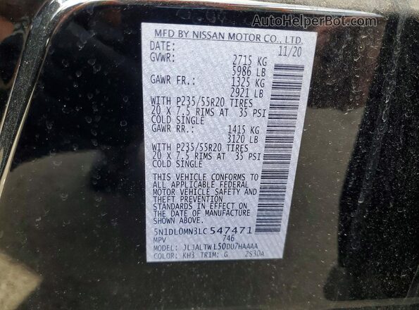 5N1DL0MN3LC547471 2020 INFINITI QX60 Black Widok naklejki z numerem VIN
