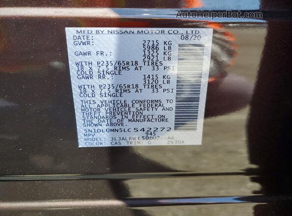 5N1DL0MN5LC542272 2020 INFINITI QX60 Коричневый Вид наклейки с VIN-кодом