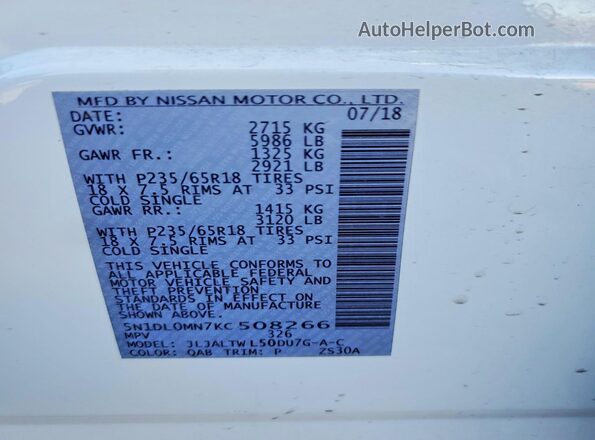 5N1DL0MN7KC508266 2019 INFINITI QX60 White VIN sticker view