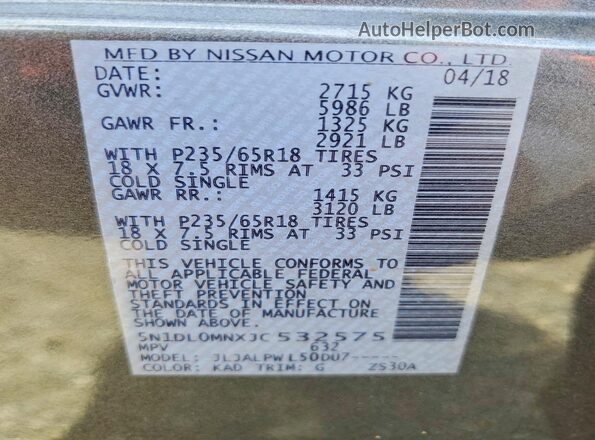 5N1DL0MNXJC532575 2018 INFINITI QX60 Gray VIN კოდის სტიკერის ხედი