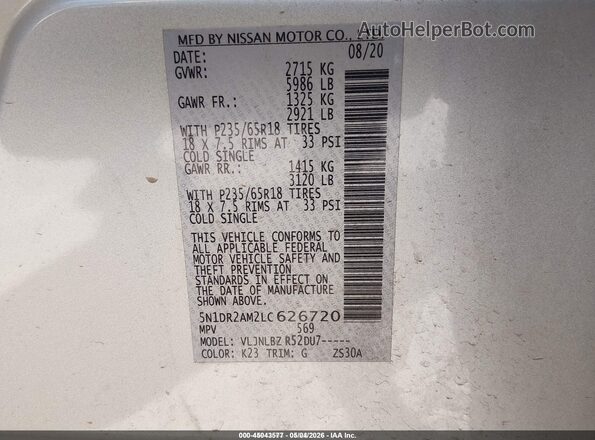 5N1DR2AM2LC626720 2020 NISSAN PATHFINDER Silver Widok komory silnika