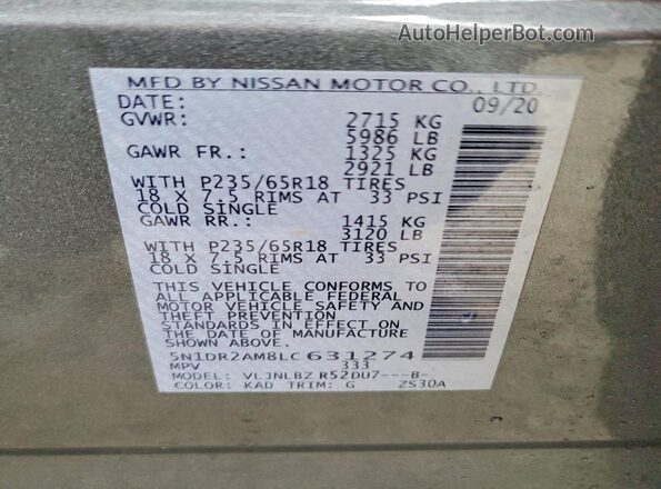5N1DR2AM8LC631274 2020 NISSAN PATHFINDER Серый Вид наклейки с VIN-кодом