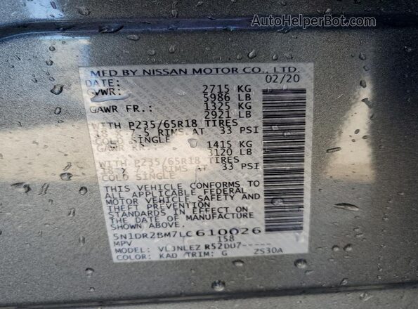 5N1DR2BM7LC610026 2020 NISSAN PATHFINDER Серый Вид наклейки с VIN-кодом