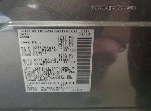 5N1DR2BMXLC613471 2020 NISSAN PATHFINDER Серый Вид наклейки с VIN-кодом