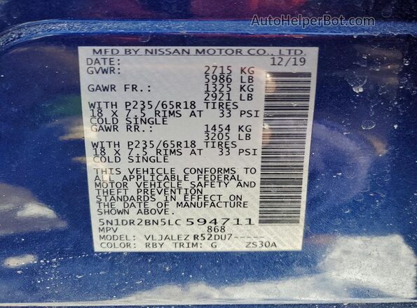 5N1DR2BN5LC594711 2020 NISSAN PATHFINDER Синий Панорамный вид салона 360°