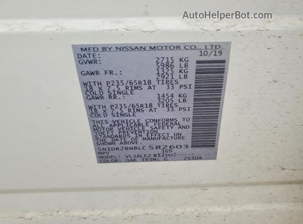 5N1DR2BN8LC582603 2020 NISSAN PATHFINDER White Вид наклейки з VIN-кодом