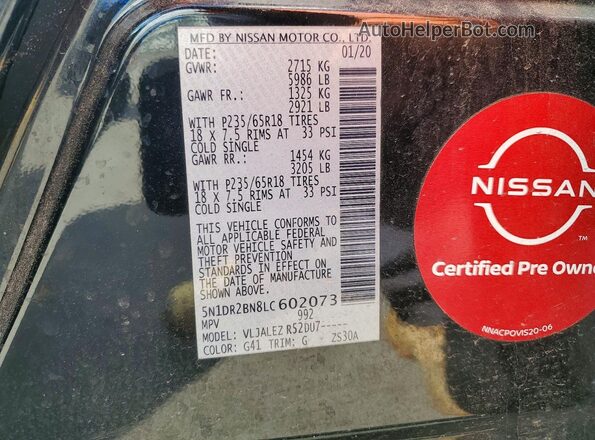 5N1DR2BN8LC602073 2020 NISSAN PATHFINDER Черный Вид наклейки с VIN-кодом