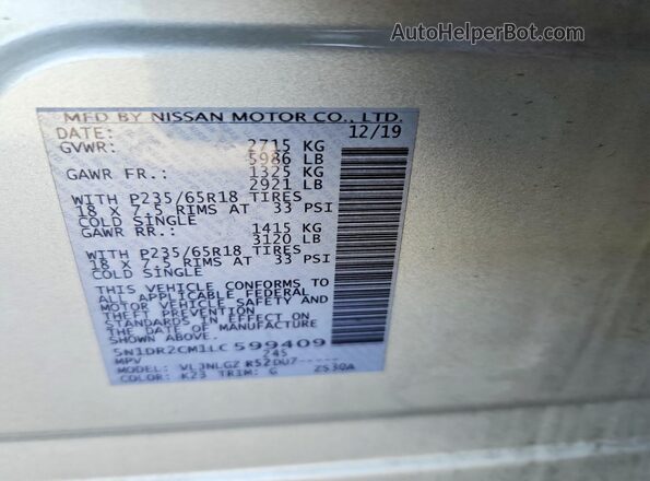 5N1DR2CM1LC599409 2020 NISSAN PATHFINDER Silver Вид наклейки з VIN-кодом