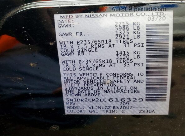 5N1DR2CM2LC616329 2020 NISSAN PATHFINDER Black Vista de la etiqueta del VIN
