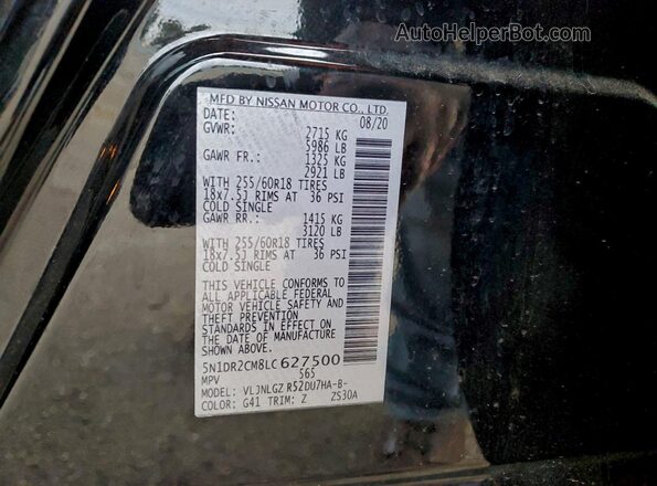 5N1DR2CM8LC627500 2020 NISSAN PATHFINDER Black Вид наклейки з VIN-кодом