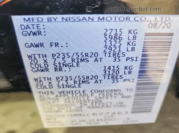 5N1DR2DM8LC627463 2020 NISSAN PATHFINDER Black VIN sticker view