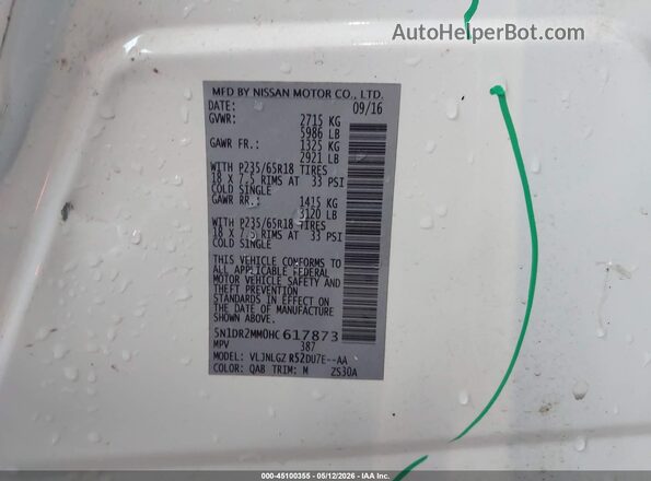 5N1DR2MM0HC617873 2017 NISSAN PATHFINDER White Vista del compartimento del motor