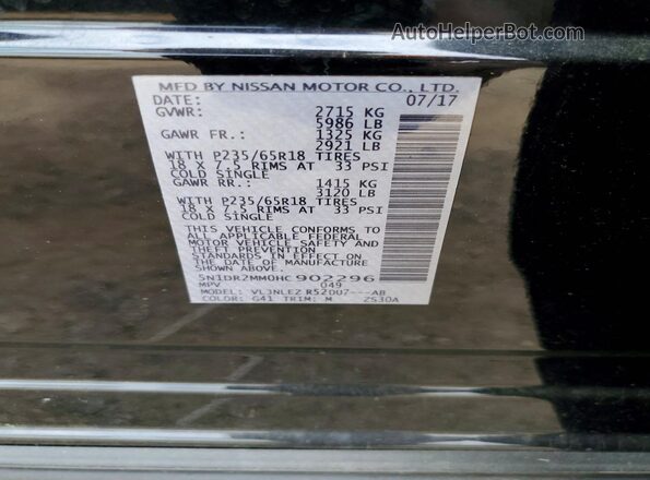 5N1DR2MM0HC902296 2017 NISSAN PATHFINDER Черный Вид наклейки с VIN-кодом
