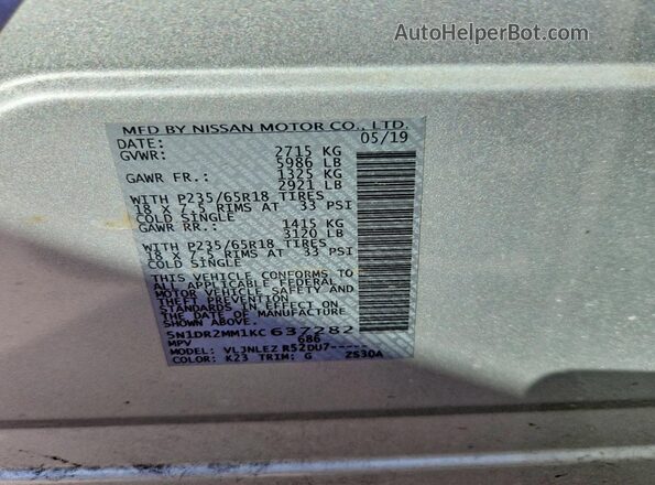 5N1DR2MM1KC637282 2019 NISSAN PATHFINDER Silver Панорамний вид салону 360°