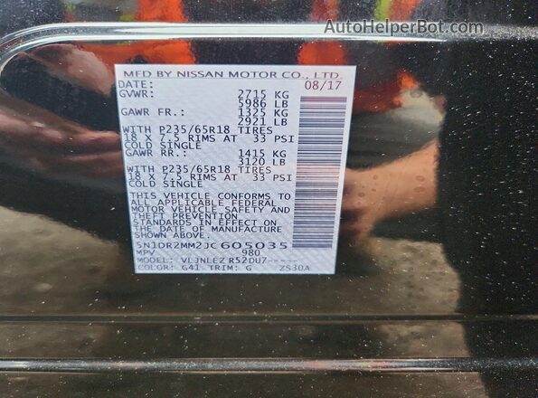 5N1DR2MM2JC605035 2018 NISSAN PATHFINDER Black VIN sticker view