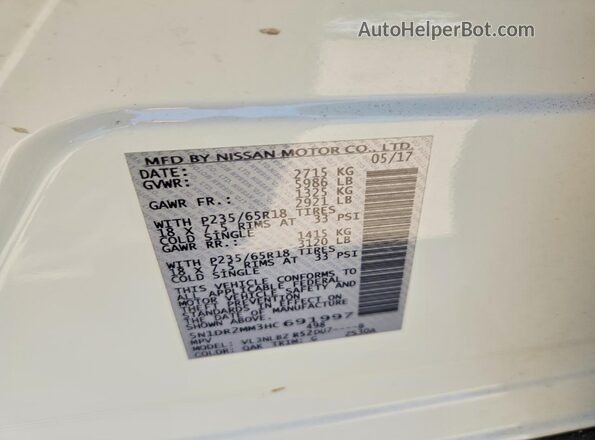 5N1DR2MM3HC691997 2017 NISSAN PATHFINDER Белый Вид наклейки с VIN-кодом