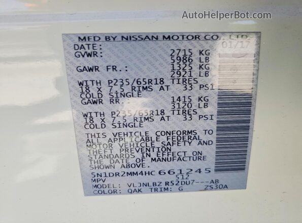 5N1DR2MM4HC661245 2017 NISSAN PATHFINDER White Vista de la etiqueta del VIN