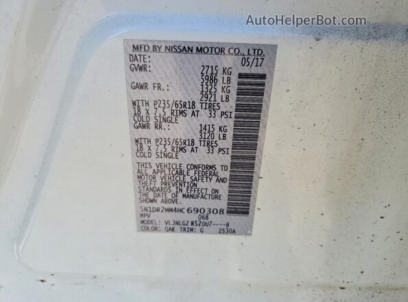 5N1DR2MM4HC690308 2017 NISSAN PATHFINDER White Vista de la etiqueta del VIN